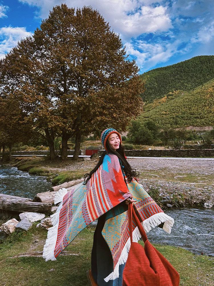 Ethnic Style Knitted Shawl Pullover Cape - Women's Warm Travel Cloak