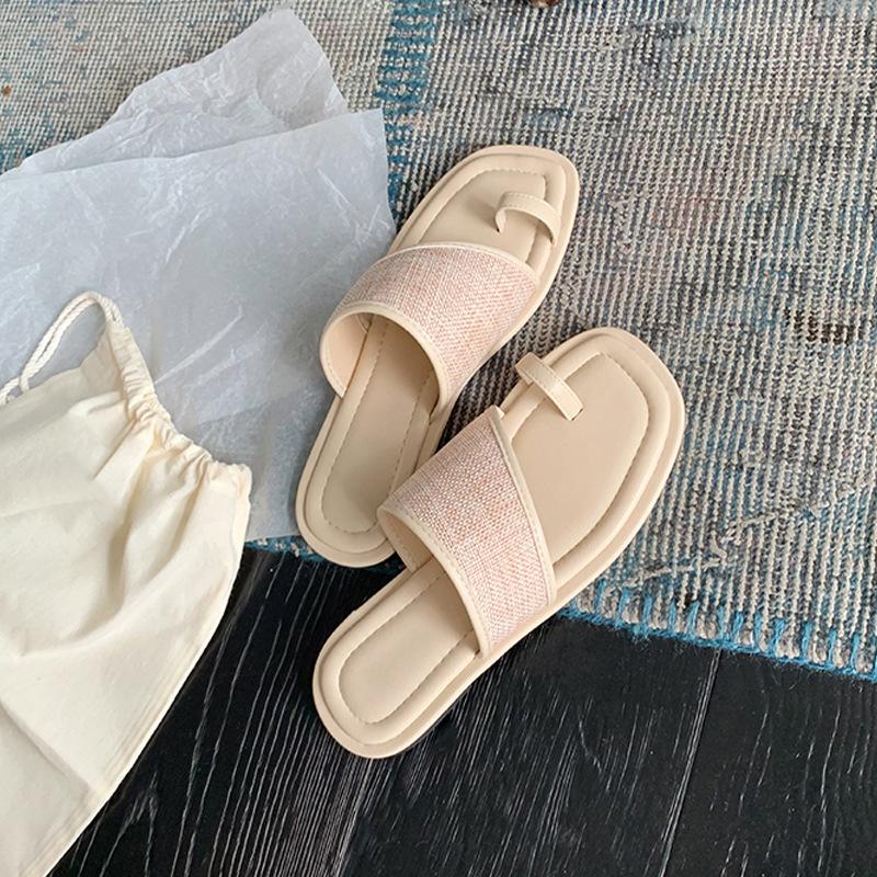 

Grape mother studiolee casual summer square head toe straw splicing flat bottom slippers women 2025 new 35