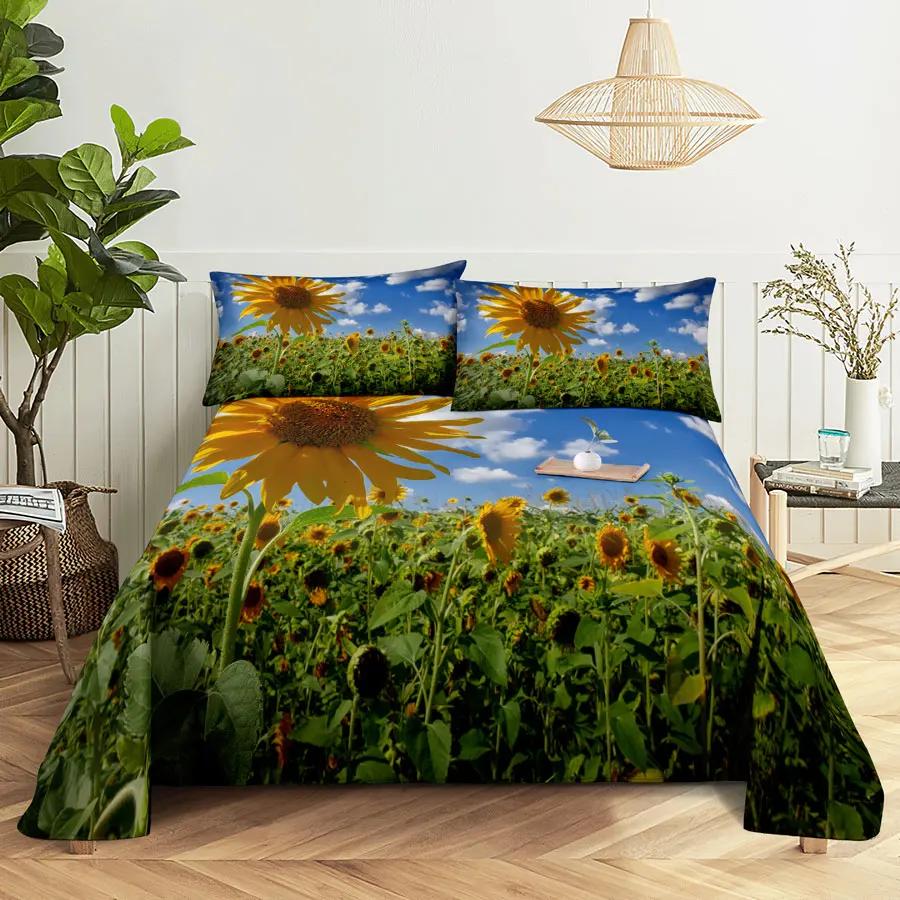 Sunflower Bed Sheets and Pillowcases for Single Double Beds Bedsheets Set with Pillow Case 2pcs 3pcs Queen Full Size 3D Soft