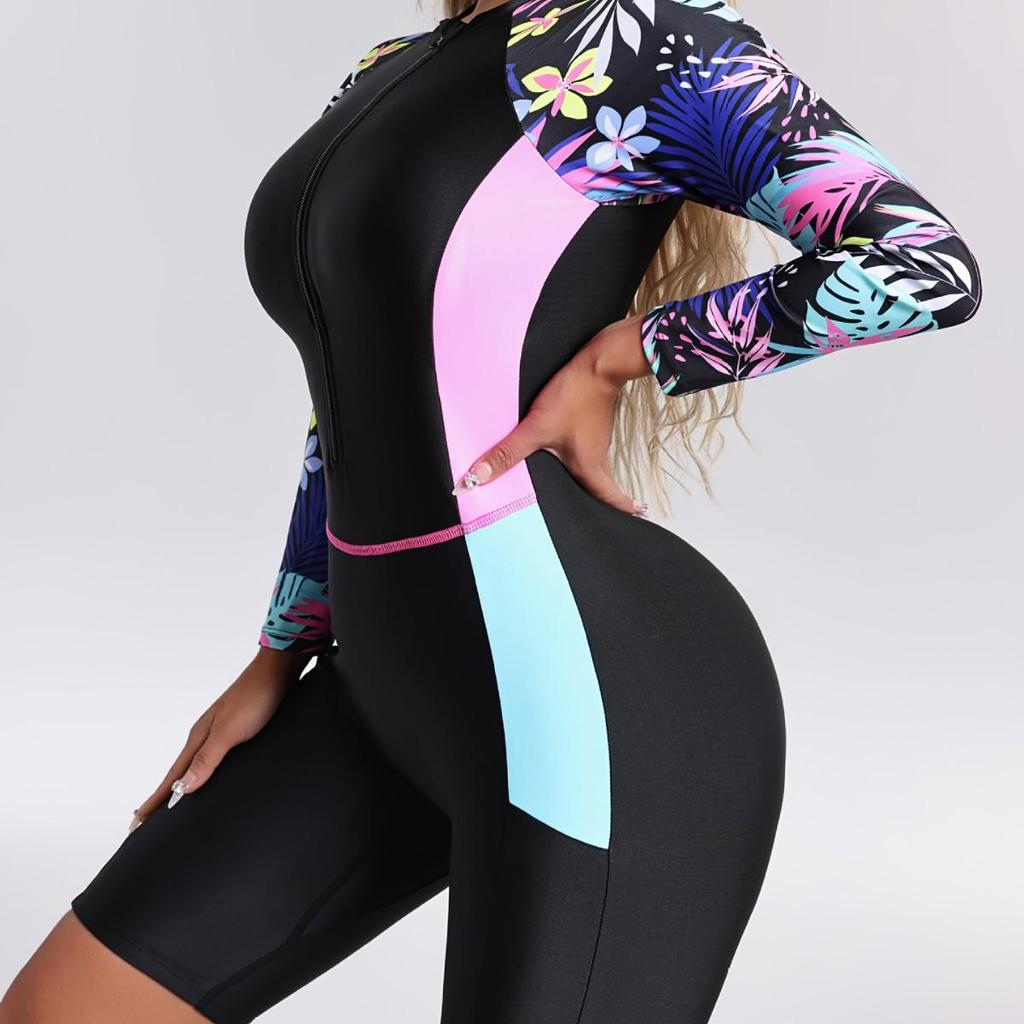 2025 Damen Floral Langarm Bodysuit Badeanzug mit Fünf-Punkt-Hose