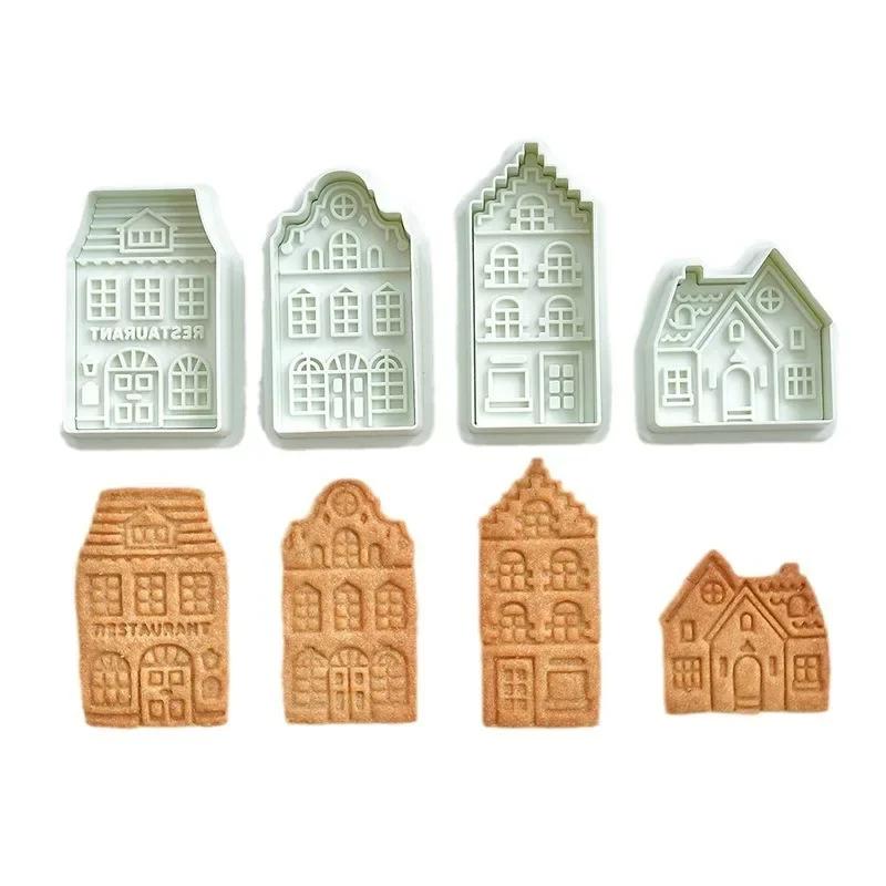 4 STÜCKE Weihnachten Kunststoff Haus Keksform 3D Cartoon Ausstechform Baby Zuckerguss Kuchen Dekorationsform Keks Backzubehör