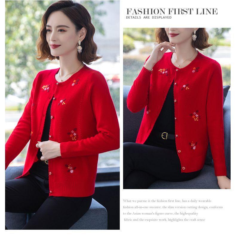 Autumn Winter Women's Wool Cardigan Round Neck Embroidered Knitted Jacket Cardigan Top