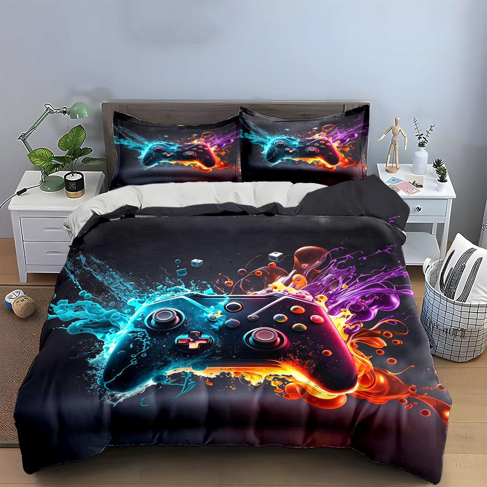 Colorful Splash Liquid Game Controller Bedding Set,Blue Orange Purple Paint Splash Gaming Pad Print 3PC For Teen Gamers Boy Room 135x200cm