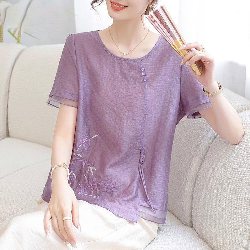 

2026 Summer Fashion Set: Short-Sleeved Top & Chinese-Style Two-Piece for Moms and Elders XL (90-105 jin)