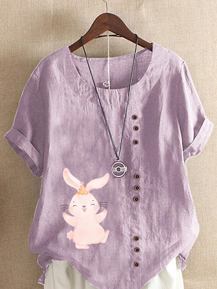 Women's Fashion Cute Rabbit Print Shot Sleeve T-shirt Loose Cotton Shirt Casual Loose Summer Blouse Tops Plus Size