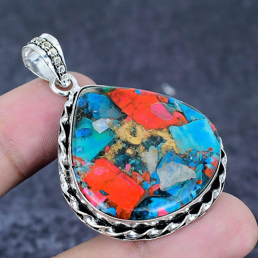 Natural Spiny Oyster Gemstone 925 Sterling Silver Jewelry Pendant 2.05" M9b95