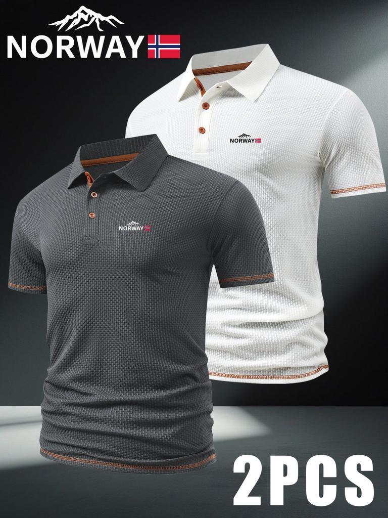 2pcs NORWAY Patterned Men's Polo Shirts - Short-Sleeved & Color-Blocking, Men's Business Casual T Shirts Breathable for Spring And Summer