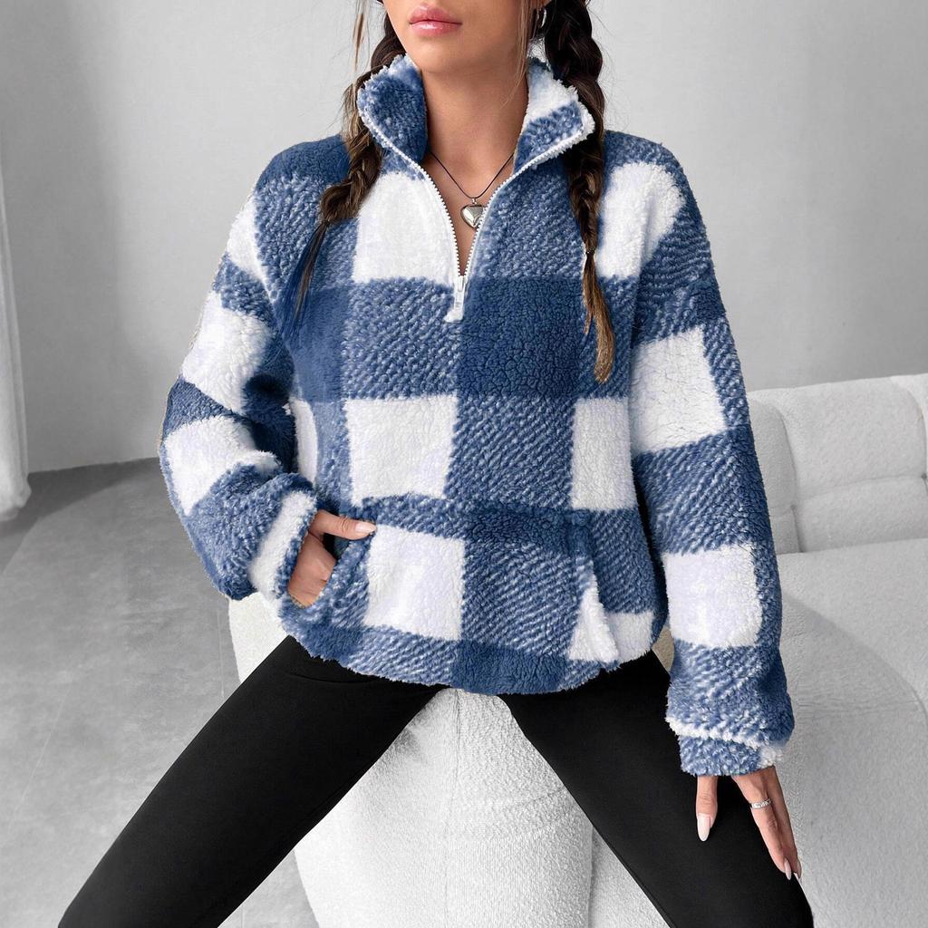 Осінньо-зимова мода Коротка картата напіврозкрита комір плюшева жіноча повсякденна толстовка