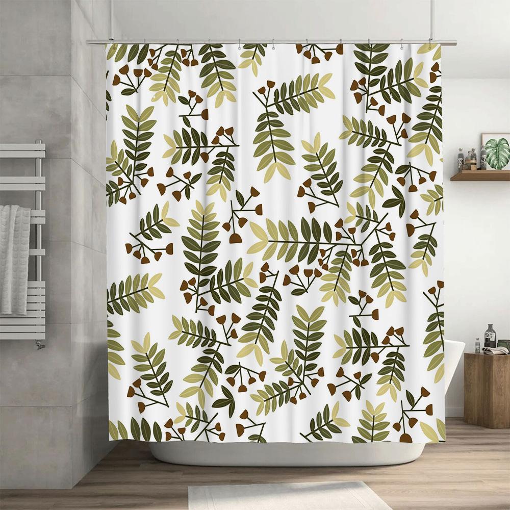 Leaf Pattern Shower Curtain Waterproof Bath Decoration Decor Green Beige Tones (180 x 240 cm)