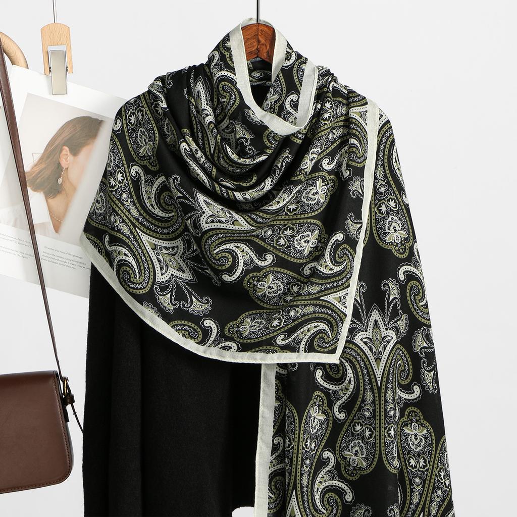 Woman Paisley Printed Shawl Winter Thick Warm Cotton Linen Scarf Wraps Windproof Blanket Scarf Elegant Ethnic Style 180*70Cm
