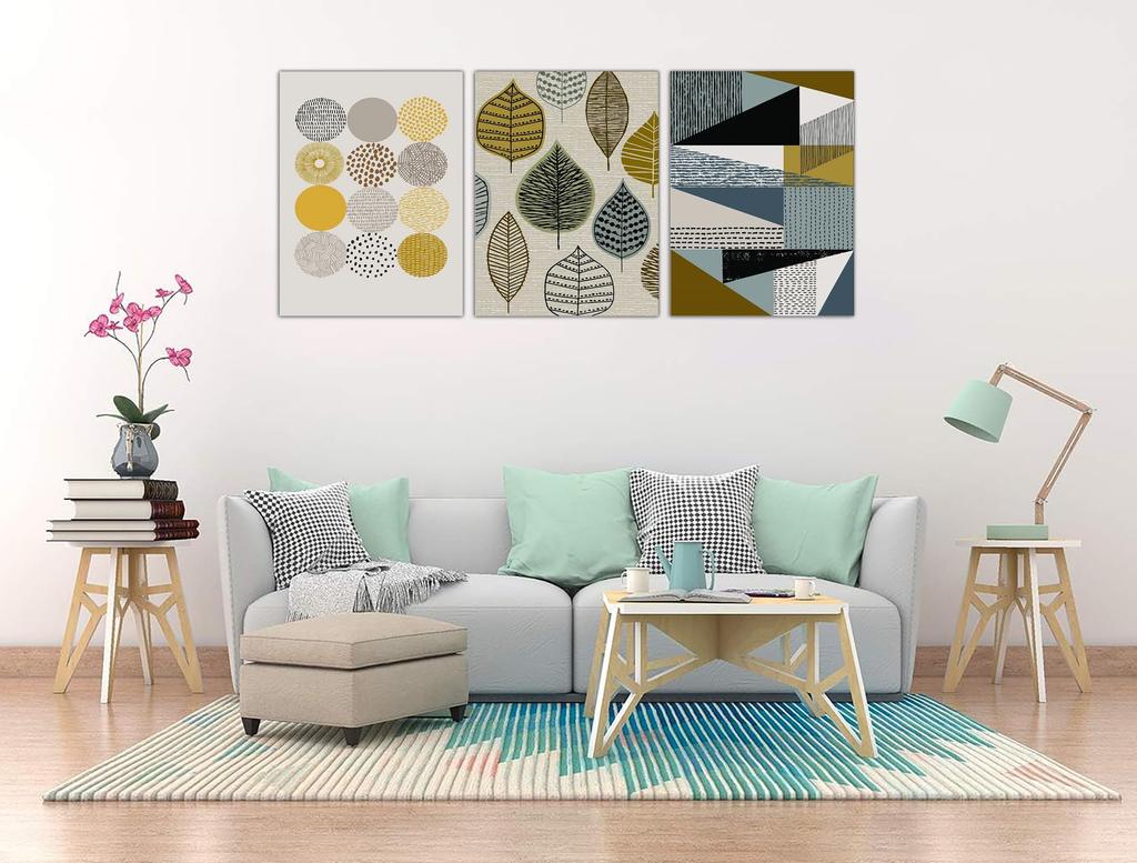 Three Nordic Retro Art Panels with Round Leaf and Geometric Wall Decorative Sofa Background Wall Hangings for Living Porch Fully Framed Patterns, Art,