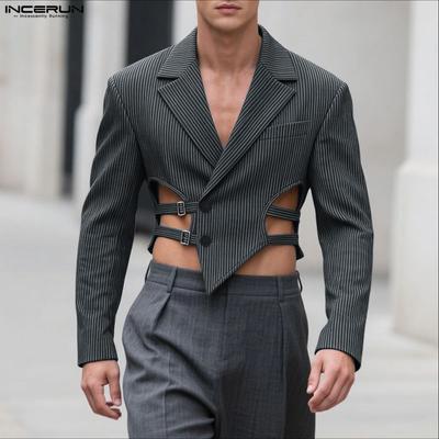 Manteaux Courts Blazers Homme Col Revers Manches Longues Boutons Rayé Découpe Irrégulier