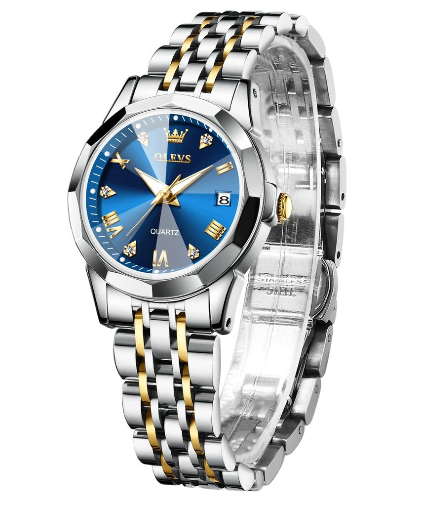 OLEVS Women's Stylish Quartz Wristwatch, Popular, Waterproof, Diamond, Date Display, Easy to Read, Luminous, White, Gift, Ladies Watch (Blue)