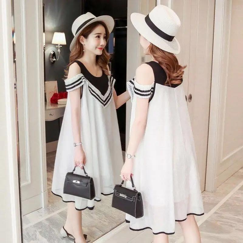 Summer new Korean version of the fake two large size women's short-sleeved long chiffon dress