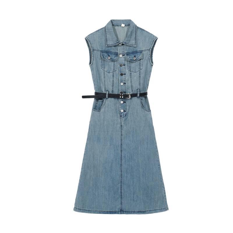 2026 Spring/Summer Women's Retro Sleeveless Denim Dress with Belt
