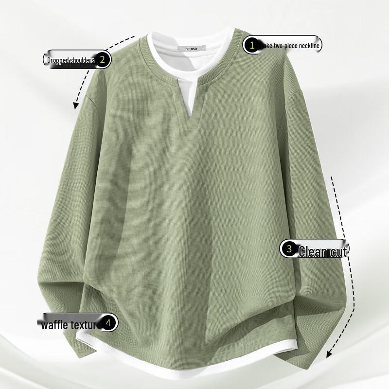 MINISO Men's Casual Waffle Knit Long Sleeve V-Neck T-Shirt
