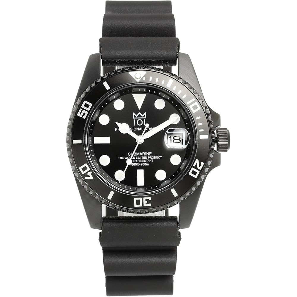 Hyakuichi 101 Quartz Diver s Watch Date Display 20 ATM Water Resistant Black Rubber Strap