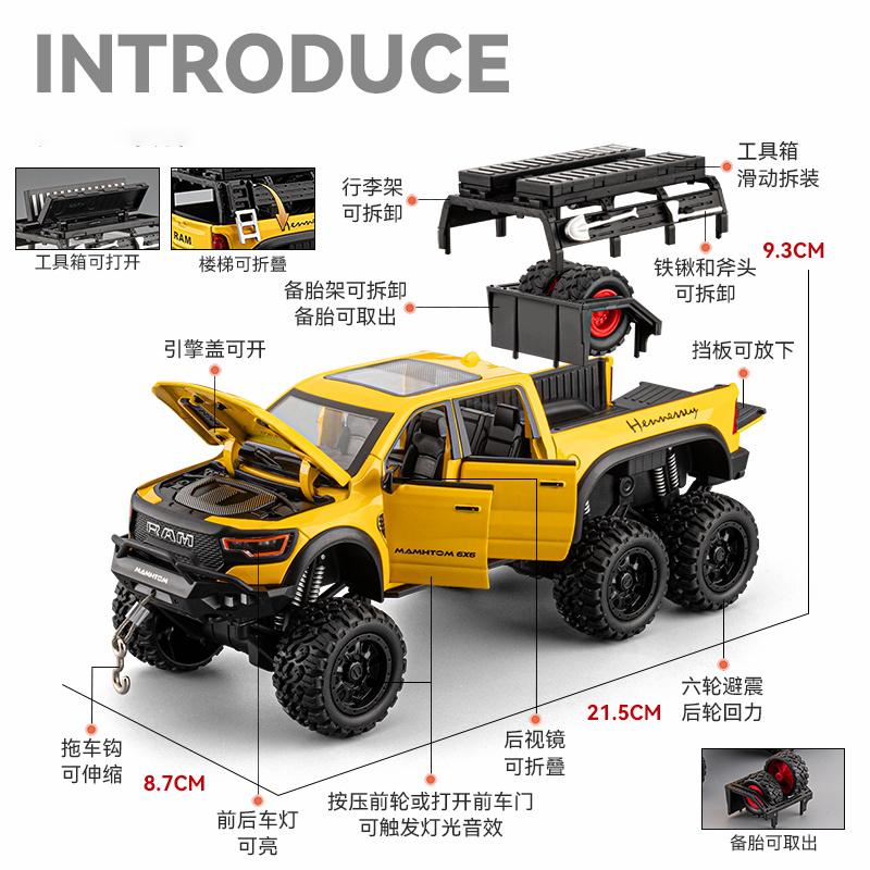 New 1:24 Mammoth 1000 TRX Picku Alloy Car Model Sound and Light Pull Back Children's Toy Collectibles Birthday gift