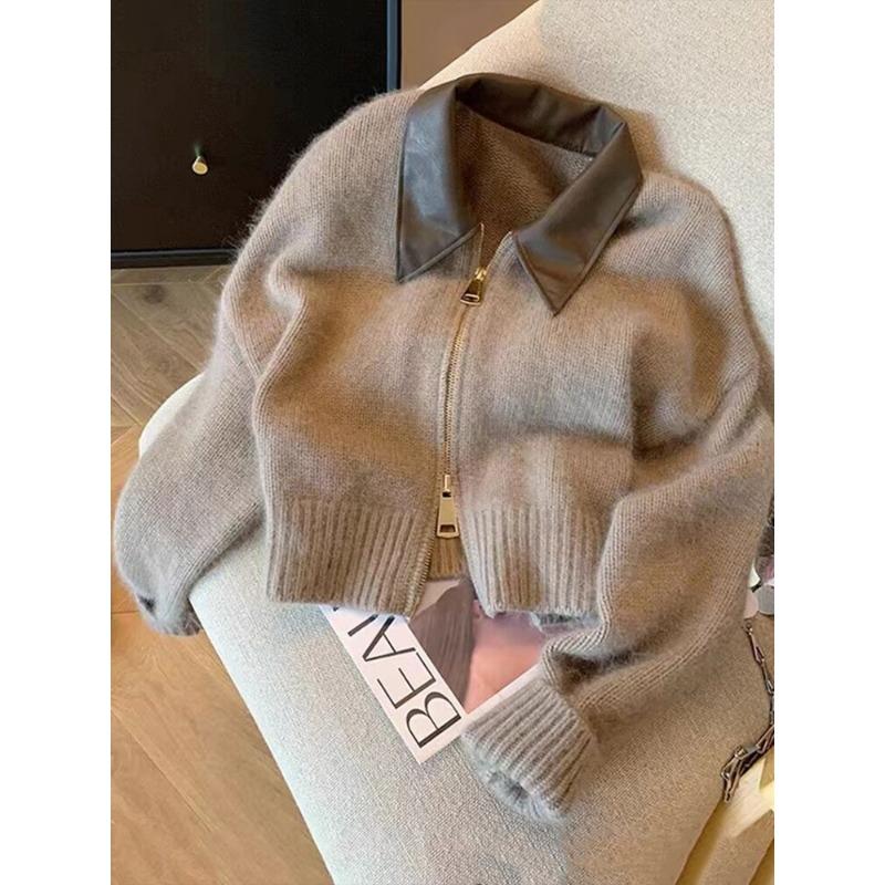 

Осень и зима новый поло воротник молния вязаный свитер мода элегантный длинный рукав короткая куртка свободная повседневная простая женская одежда 2190 One Size хаки