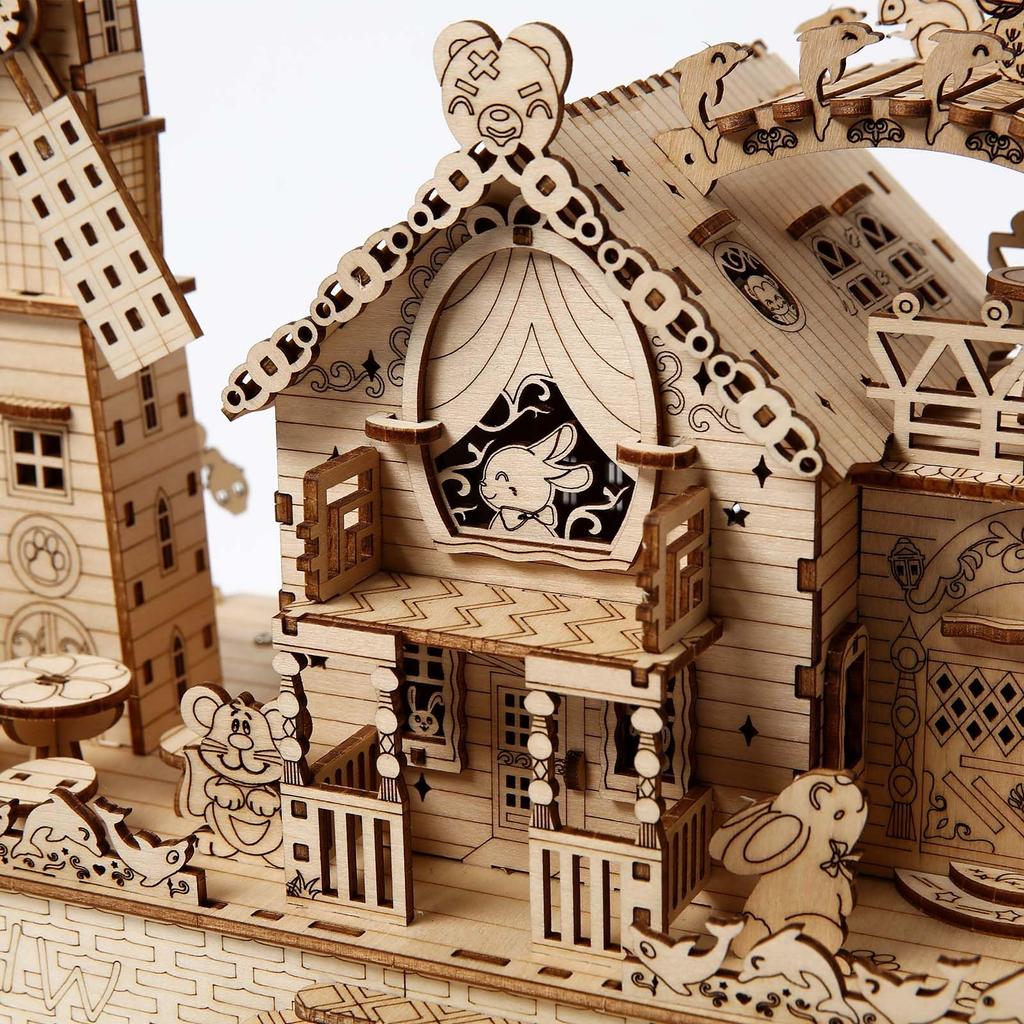 Hallisun 3D Wooden Cute Forest with LED Music Miniature Rotating Assembly Gift for Adults 14 and 174 Pieces Puzzle, Animals, Party, Lights, Box,