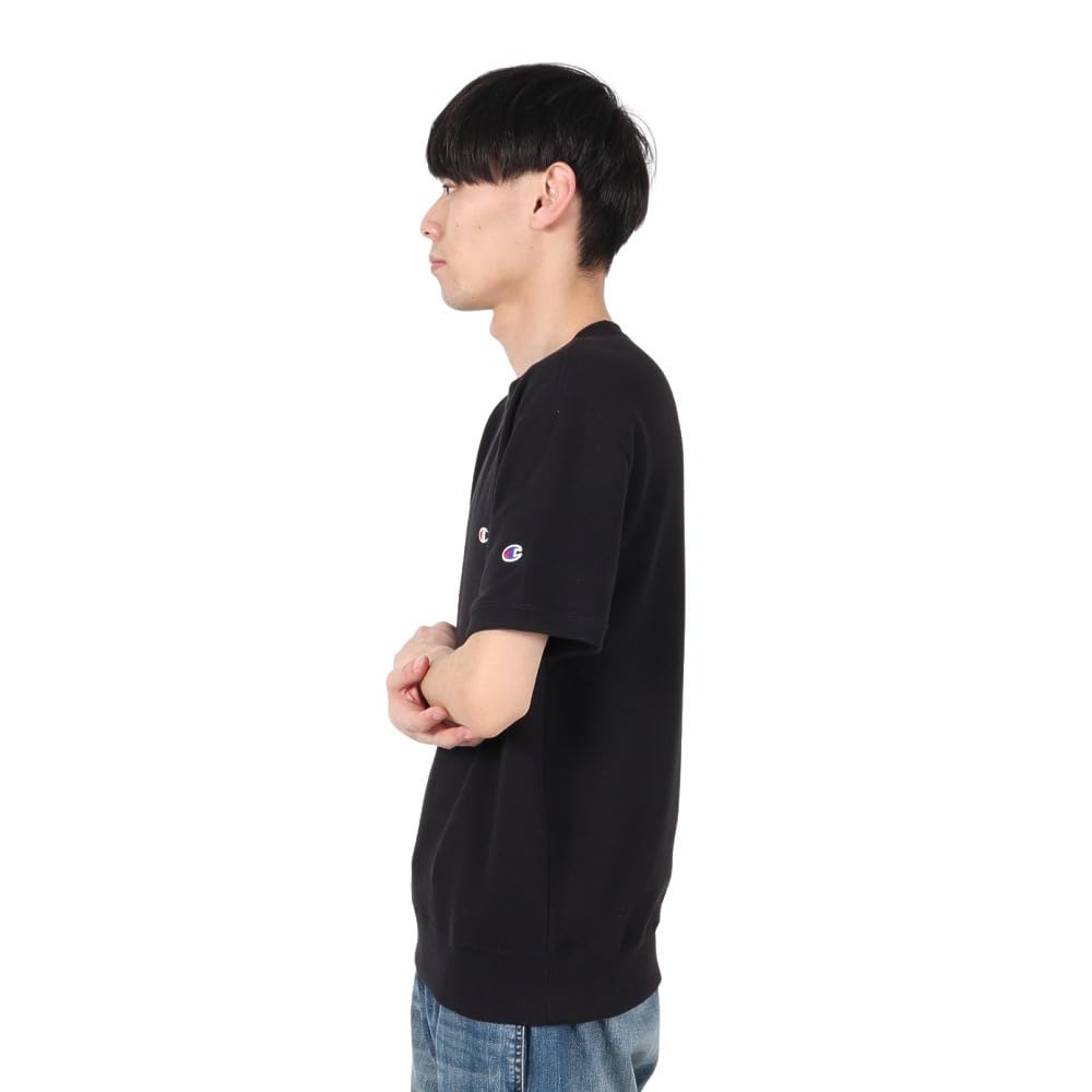 Champion Basic Short Sleeve Crew Neck Sweatshirt with Fleece Lining and Size L Men's One-Point Logo, Black, (C3-Z020)