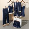 Sexy Rayon Silk 5PCS Pajamas Set Female Sleepwear Print Flower Bathrobe Nightgown Lady Relaxed Fit Casual Pijamas Suit Home Clothes