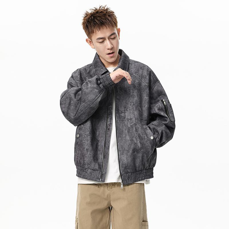 

Мужская светло-голубая бомбер-куртка с потертой текстурой - Свободный крой, повседневная уличная одежда, на молнии M чёрный