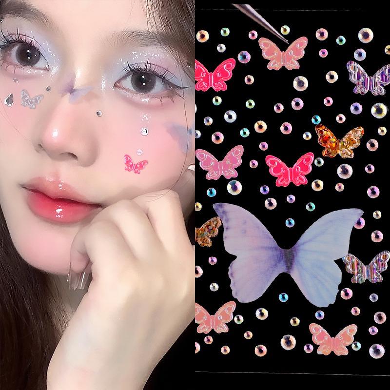Waterproof Rhinestone Butterfly Face Stickers Pearl Temporary Tattoo Stickers Lasting Glitter Body for Nail Face Makeup Decora