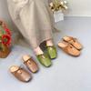 Johnature Chinelos casuais de couro genuíno com sola macia, cor sólida, salto baixo, sapatos femininos, slides externos