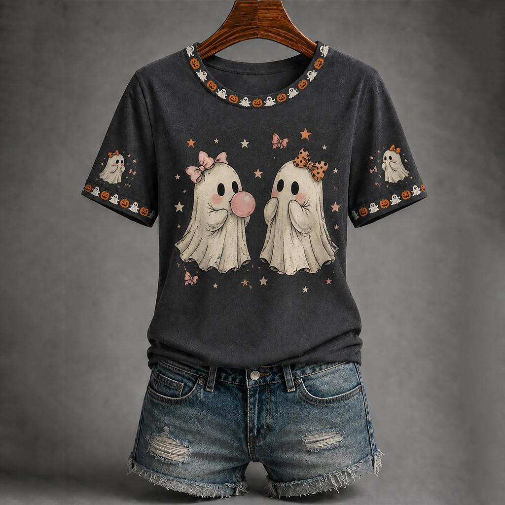 Women's Casual Halloween Print Short Sleeve T-Shirt Top for Everyday Outfits