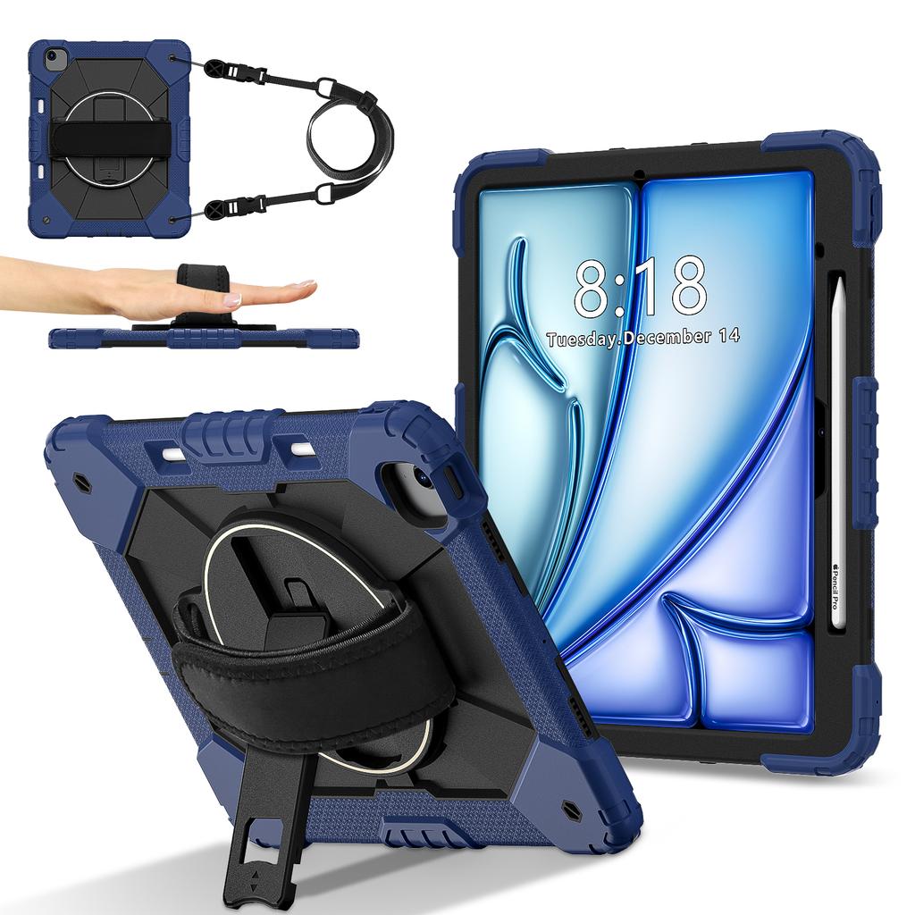For iPad Air 13 (2025)/(2024) Case Silicone + PC Kickstand Tablet Cover with Handy Strap, Shoulder Strap