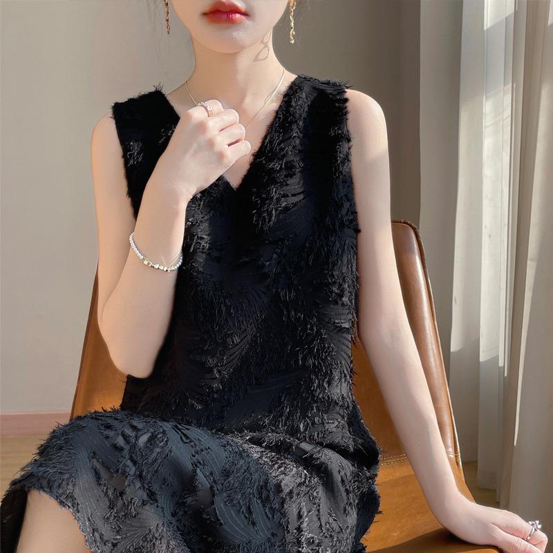 

Французская перьевая текстура трехмерное платье на бретелях летняя мода повседневное без рукавов V-образный вырез жилет юбка XXL