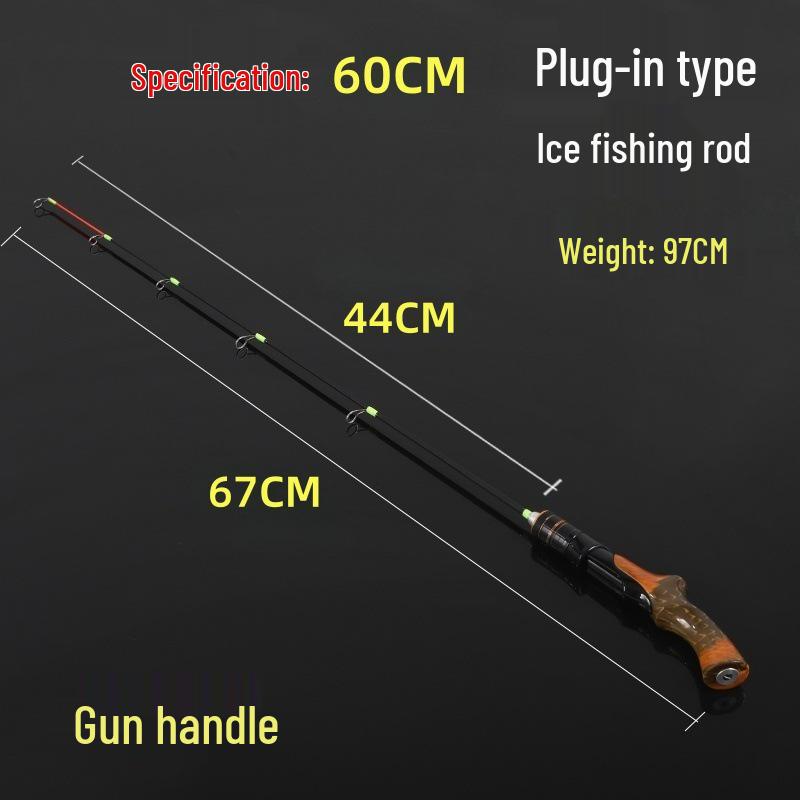 Wood Grain Portable Ice Fishing Rod with Curved Handle and Soft/Hard Tips
