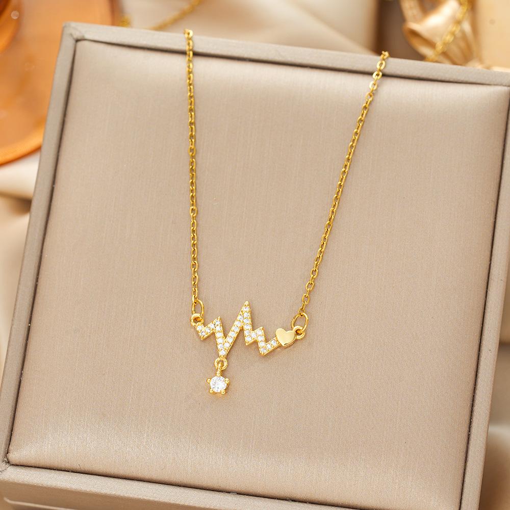 

Stylish ECG Heartbeat Titanium Steel Necklace With Crystal Zirconia Pendant For Women