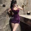  Erotic Underwear Purple velvet halter wrap Skirt Feminine Lace Seductive Nightclub Uniform Pajamas 1218