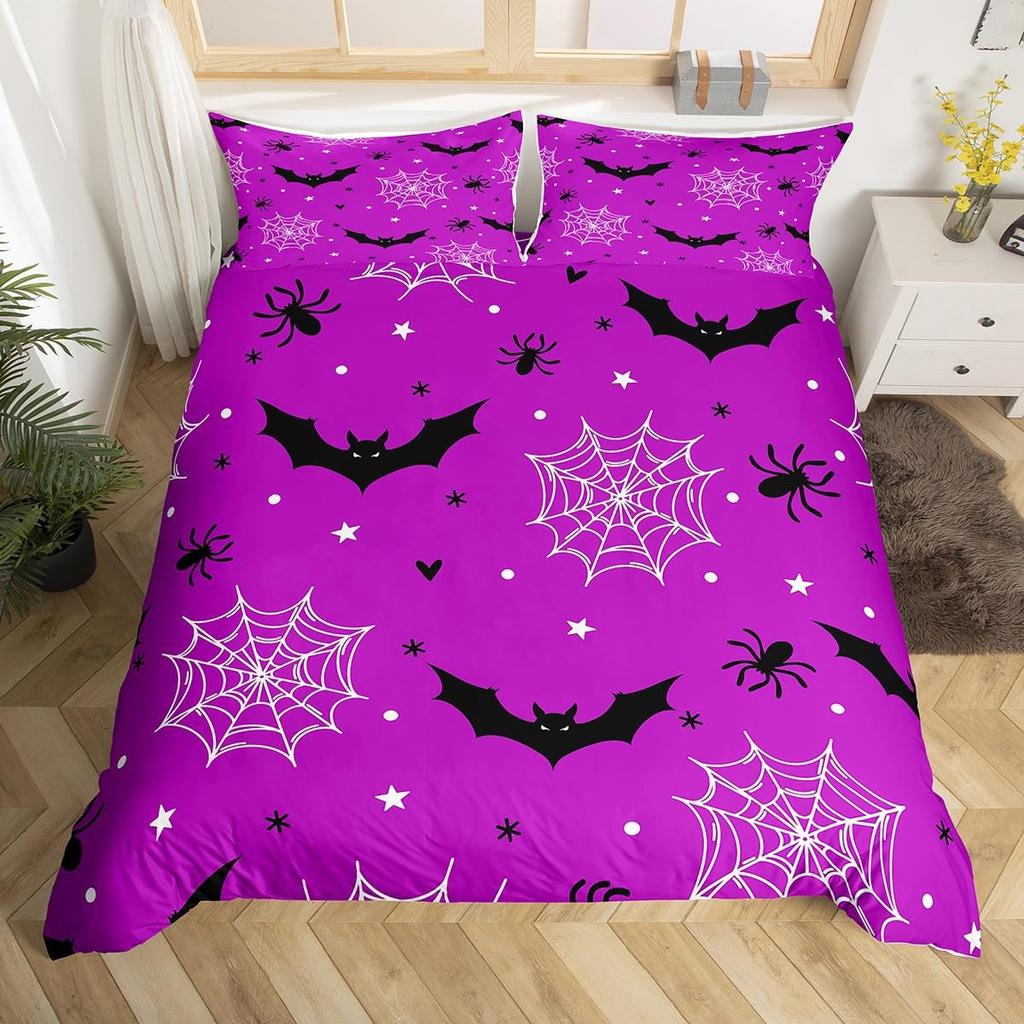 Cartoon Purple Bat Gothic Duvet Cover Halloween Bats Bedding Set Star Quilt Cover Spooky Dark Shadows Silhouette Halloween Decor