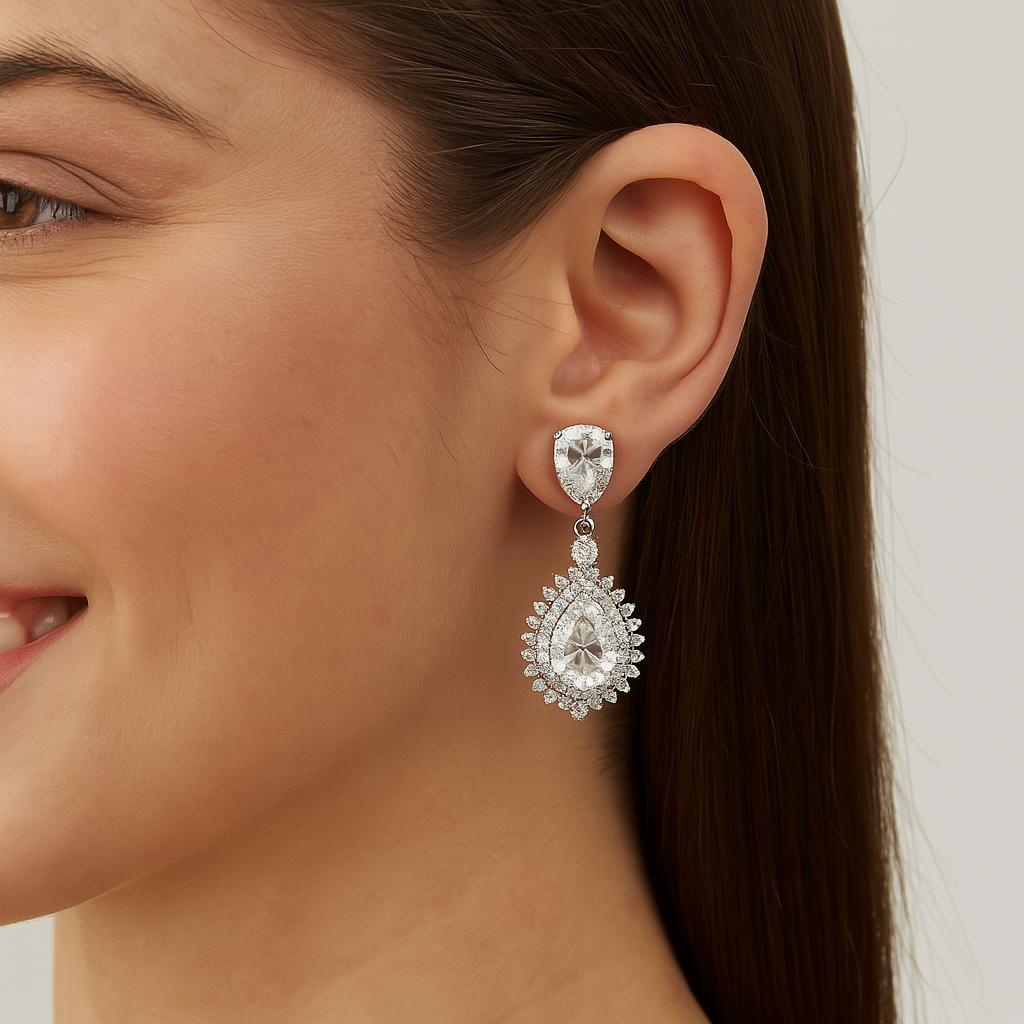 Moissanite Drop Sunburst Design Earrings - 925 Sterling Silver