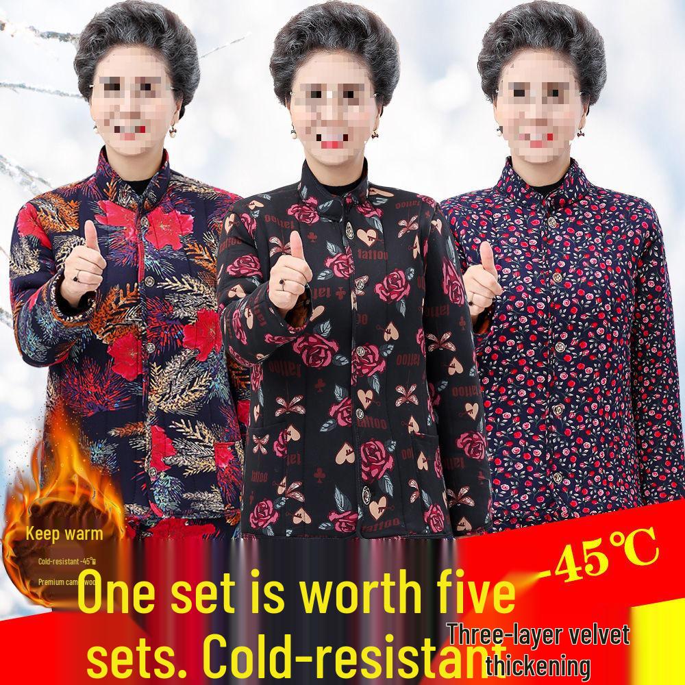 Omas kuscheliges, fleecegefüttertes Winterset: dicke, baumwollgepolsterte Jacke und Hose für Frauen mittleren Alters und Senioren.