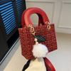 Ladies Fashion Simple Shoulder Bag Girls Cute Small Pom Pendant Handbag Small Square Bag New High Casual Crossbody Tweed Plaid