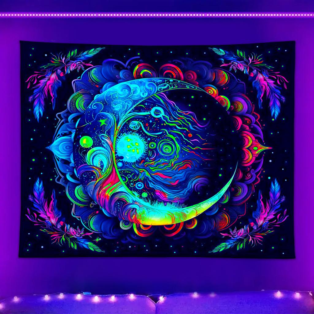 1pc UV Responsive Moon Tapestry, Bohemian Fluorescent Tapestry, Mysterious Moon Phase, Starry Sky, Universe Aesthetic Tapestry