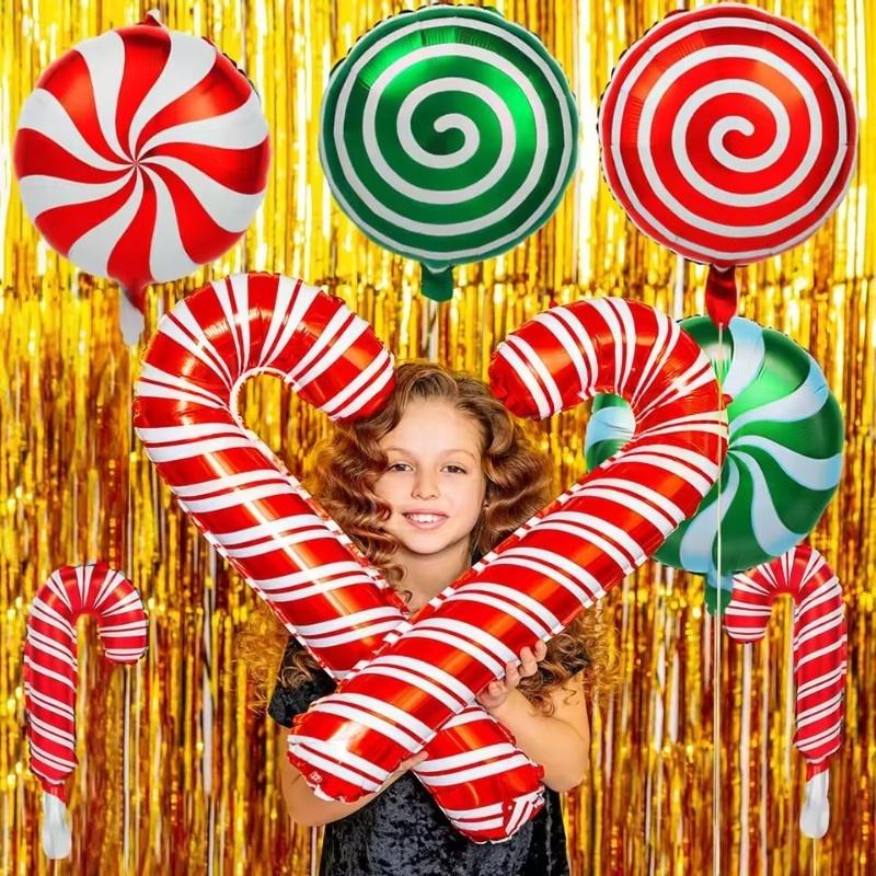2-10PCS 84x39cm Large Red Christmas Candy Cane Foil Balloons, Xmas Walking Stick Candy Balloon For Xmas New Year Festival Decor