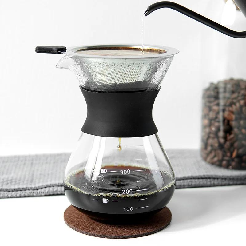 Coffee Hand Brewing Pot Made of High Borosilicate Transparent Glass Stainless Steel Coffee Filter Durable Coffee Drip Pot