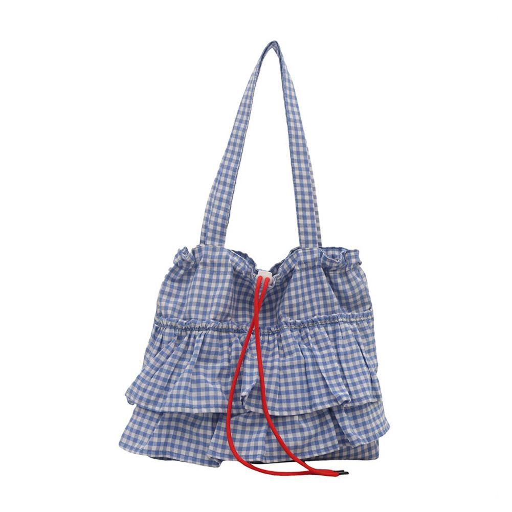 Large Capacity Shoulder Bag Fashion Ruffles Design Casual Lotus Leaf Plaid Shoulder Bag  Simple Commute Shopping Bag