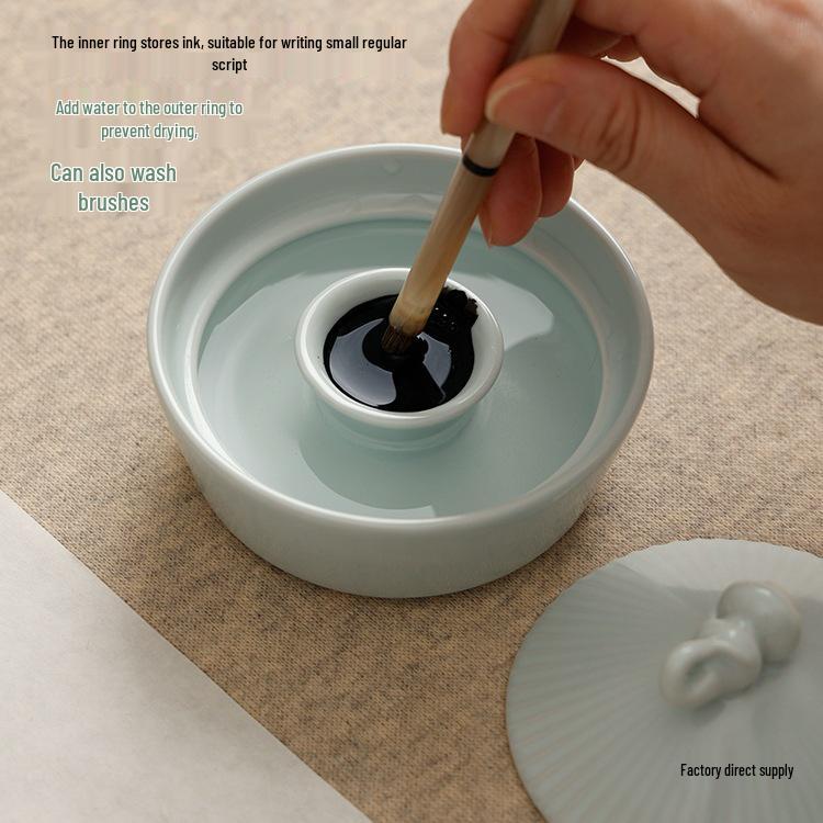 Bamboo Hat Porcelain Inkstone with Lid - Anti-Dry Ink Storage for Calligraphy Supplies and Study Decor