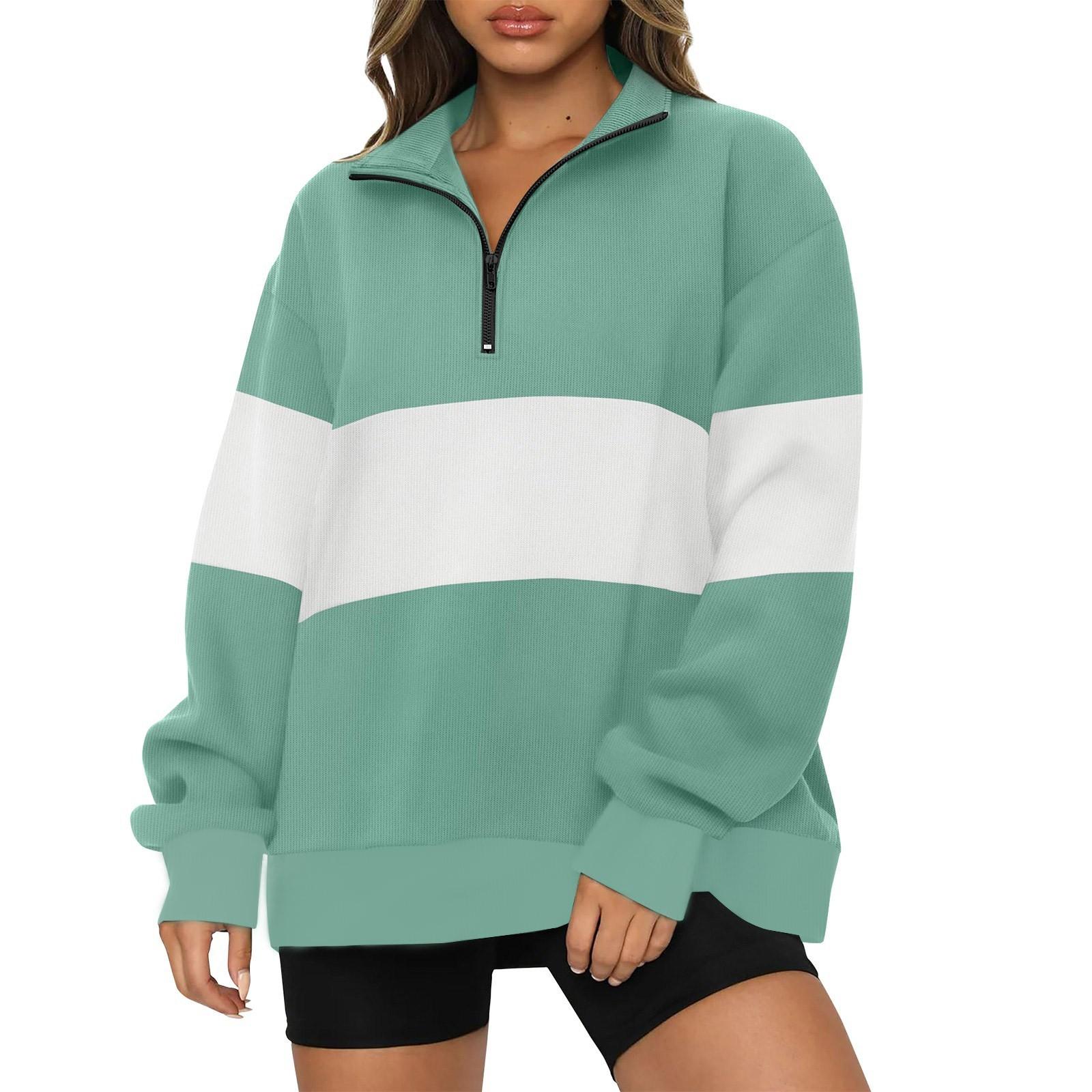 

Women s Casual Loose Long Sleeved Patchwork Zipper Sweatshirt Top Loose Striped Sweatshirt M