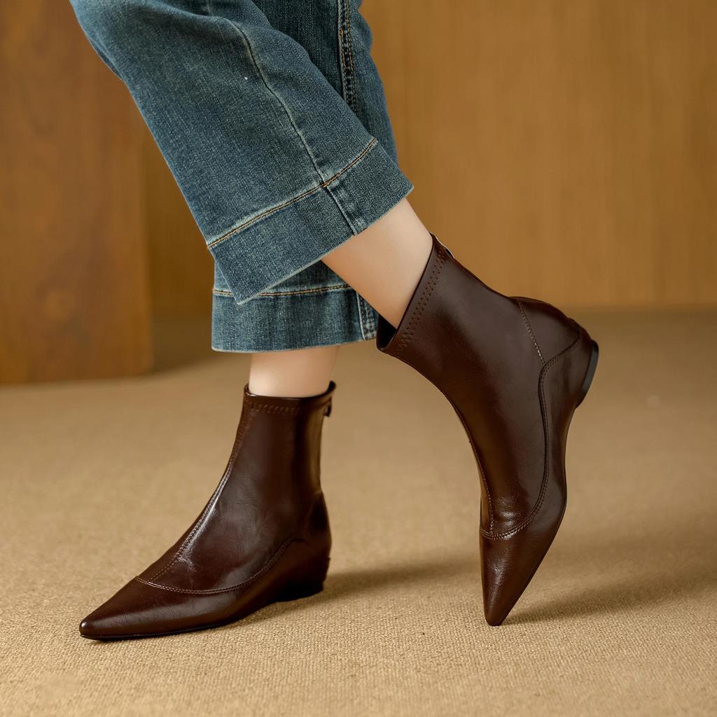 French Stretch Slimming Boots: Autumn/Winter Fleece-lined, Retro Style, Soft Leather, Inner Height Increase, Back Zipper Short Boots