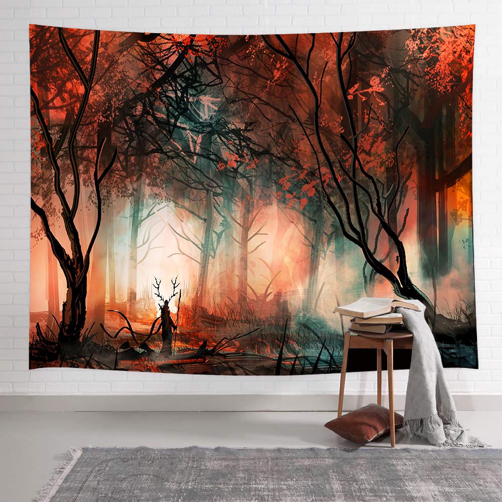 

Грибний лісовий замок. Психоделічний деревний гобелен. Казкова психоделічна настінний гобелен із барвистим метеликом. Гобелен для домашнього декору. 100x75cm