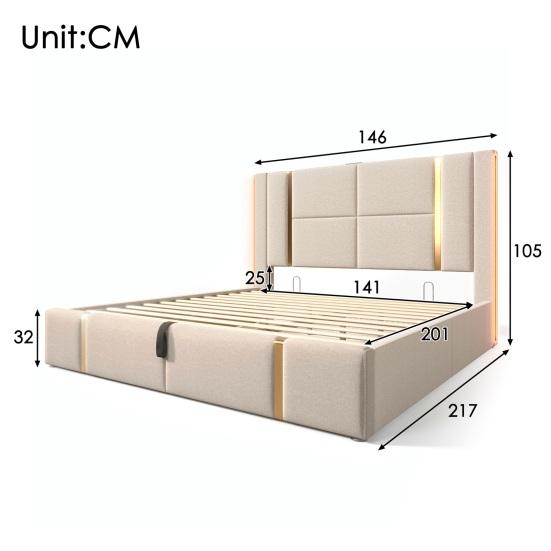 Linen Cover Charging Function Bed with Storage Space Mattress Headboard App Control Strong Wood Slat Support Bed Bedroom Furniture
