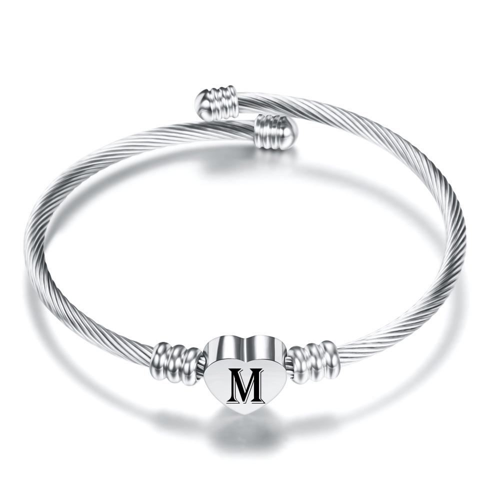 Popular European and American Heart-Shaped Bracelet with 26 Letters and Dice Font In Stainless Steel Wire.
