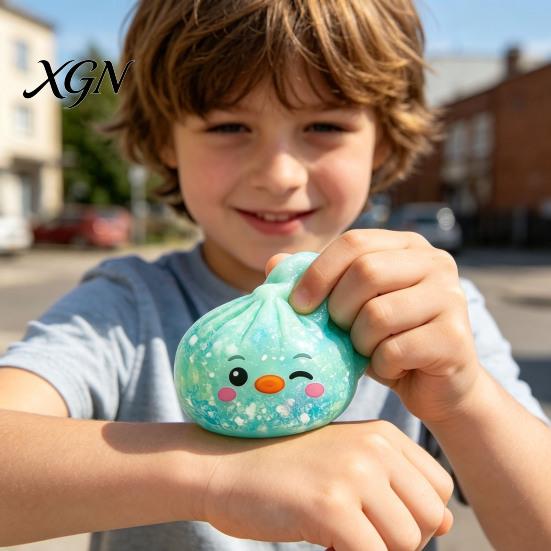 Portable Stress Reliever Cartoon Dumpling Squeeze Toy with Glitter, Relief Dough Kids Ball Fidget Toy, Soft Simulated Steamed Bun Sensory